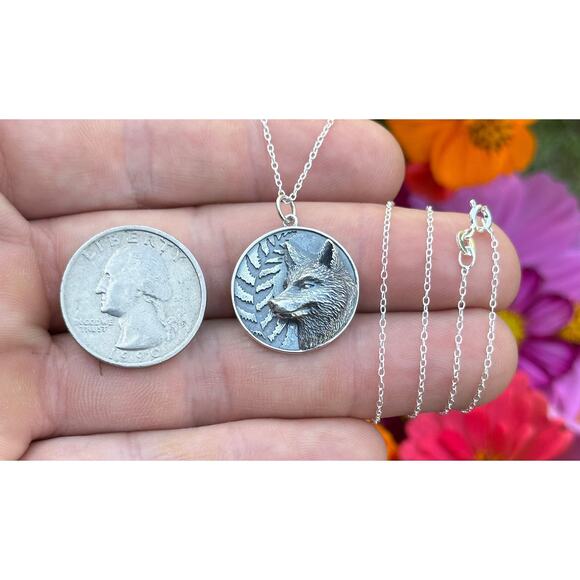 Sterling Silver Fox and Fern Necklace, Silver Fox and Fern Charm Necklace - Picture 4 of 4